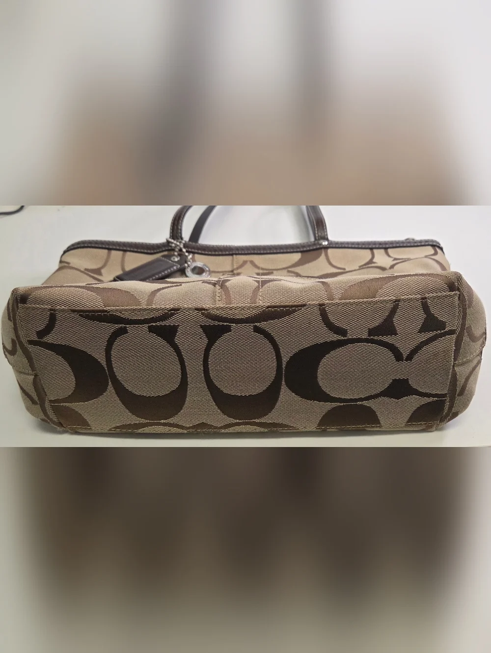 COACH Signature Stripe Tote Brown Khaki Shoulder Bag F13548